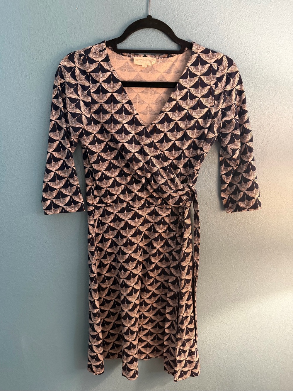 Synergy organic cotton faux wrap dress. Japanese crane pattern. Navy and cream.